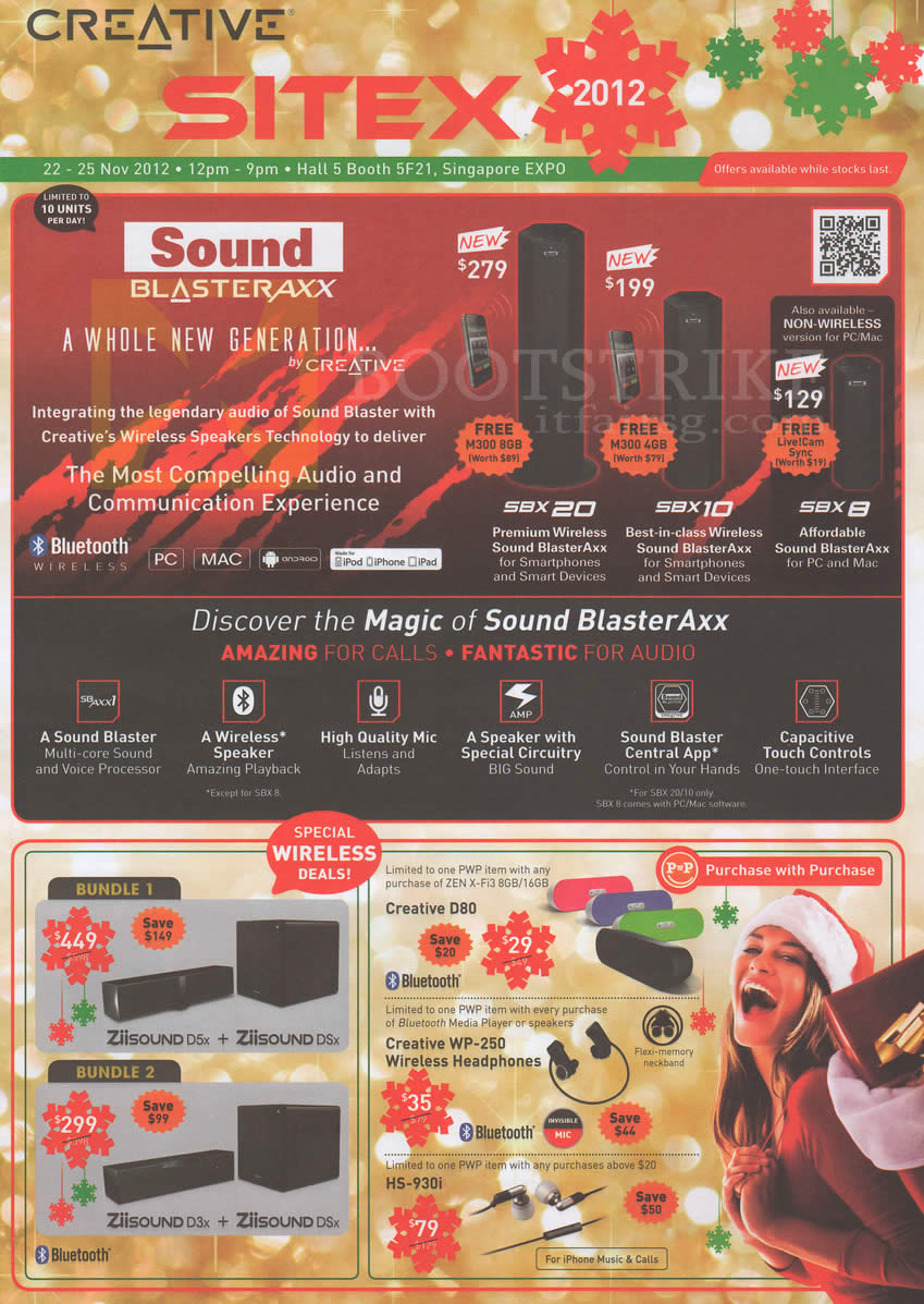 SITEX 2012 price list image brochure of C2O Creative Sound Blaster Axx SBX 20 SBX 10 SBX 8, ZiiSound D5x D3x, Creative D80, WP-250 Headphones, HS-930i