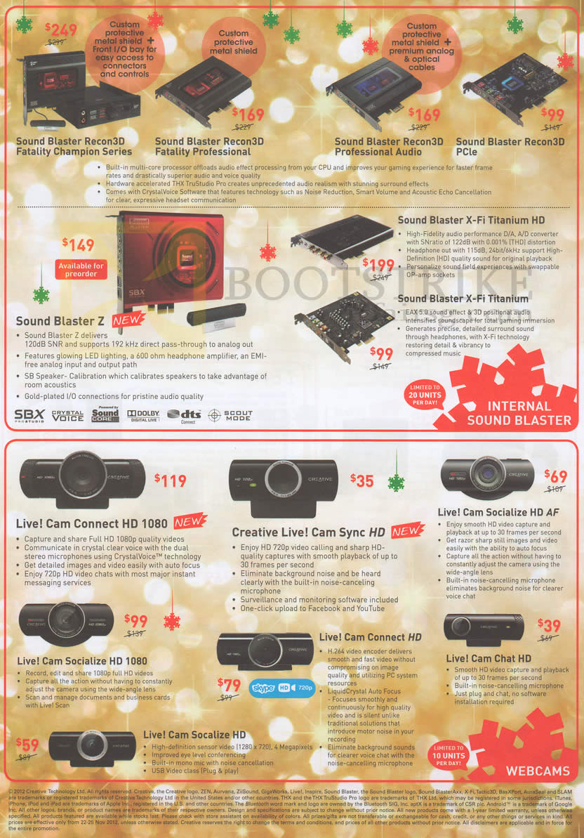 SITEX 2012 price list image brochure of C2O Creative Sound Blaster Sound Cards, Recon3D, Fatality, Professional, Z, X-Fi Titanium HD, Webcam Live Cam Connect HD, Sync, Socialize HD AF, Chat HD