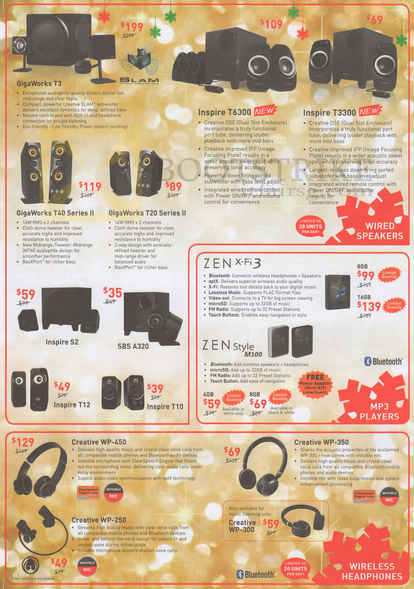 SITEX 2012 price list image brochure of C2O Creative Speakers GigaWorks T3 T40 T20 Series II, Inspire T630 T3300 S2 T12 T10, Zen X-Fi 3 Style, SBS A320, Wireless Headphones WP-450 WP-350 WP-250