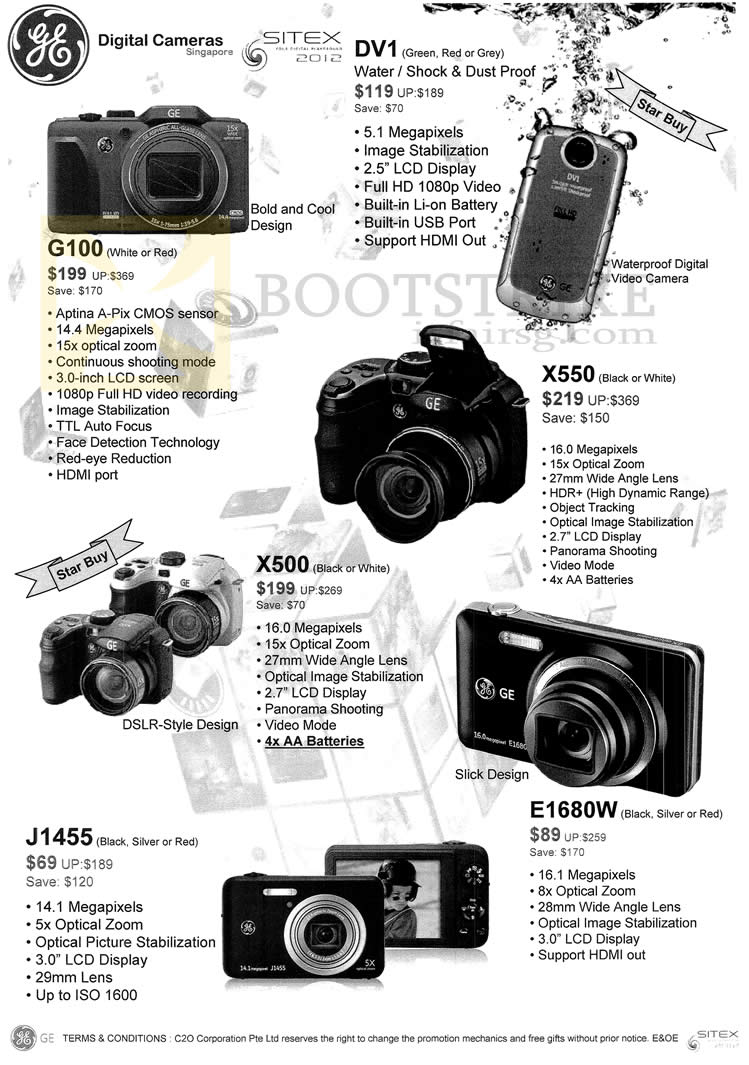 SITEX 2012 price list image brochure of C2O General Electric Digital Cameras DV1, G100, X550, X500, E1680W, J1455