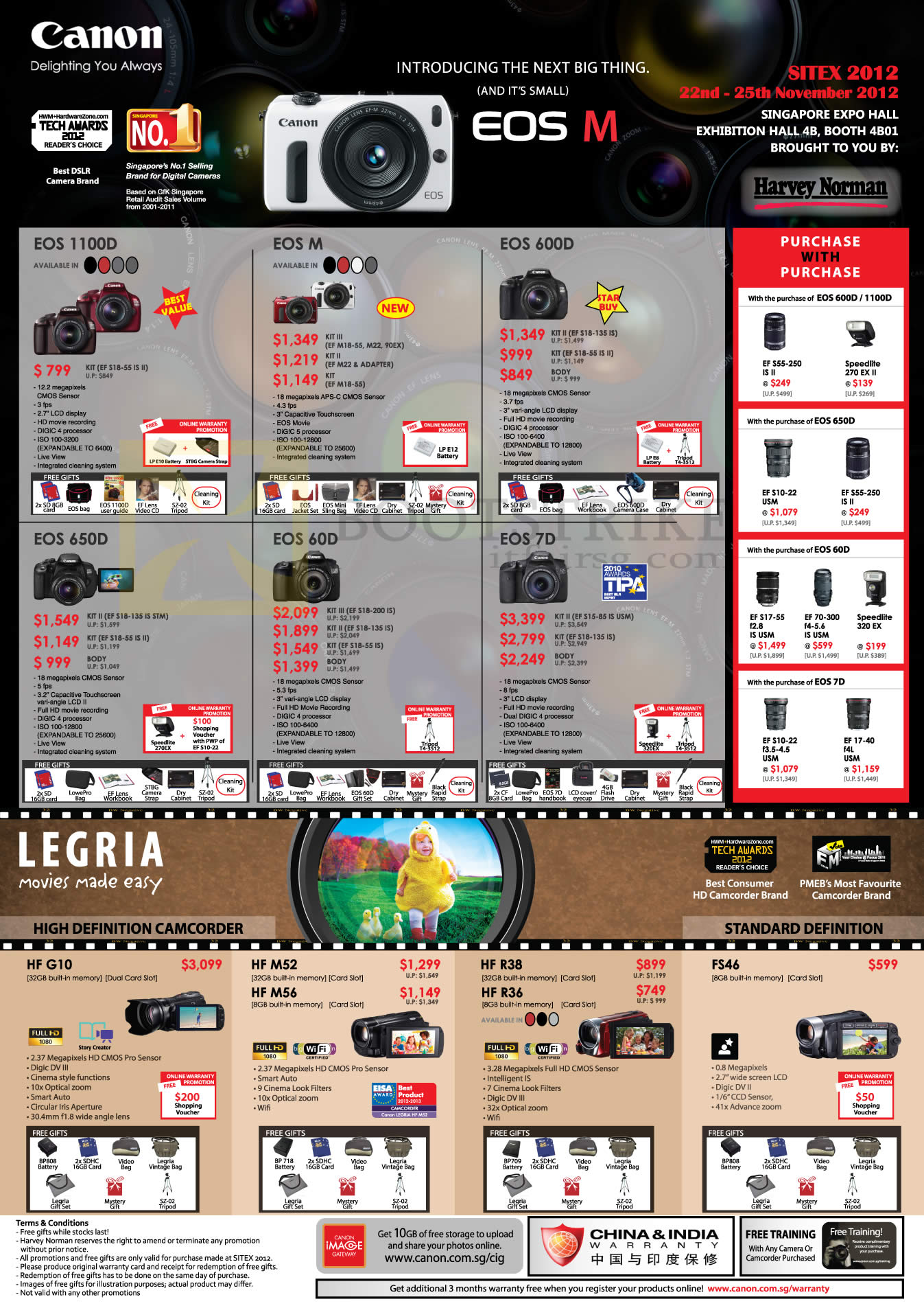 SITEX 2012 price list image brochure of Canon Digital Cameras DSLR EOS 100D, M, 600D, 650D, 60D, 7D, Video Camcorders LEGRIA HF G10, M52, M56, R38, R36, FS46