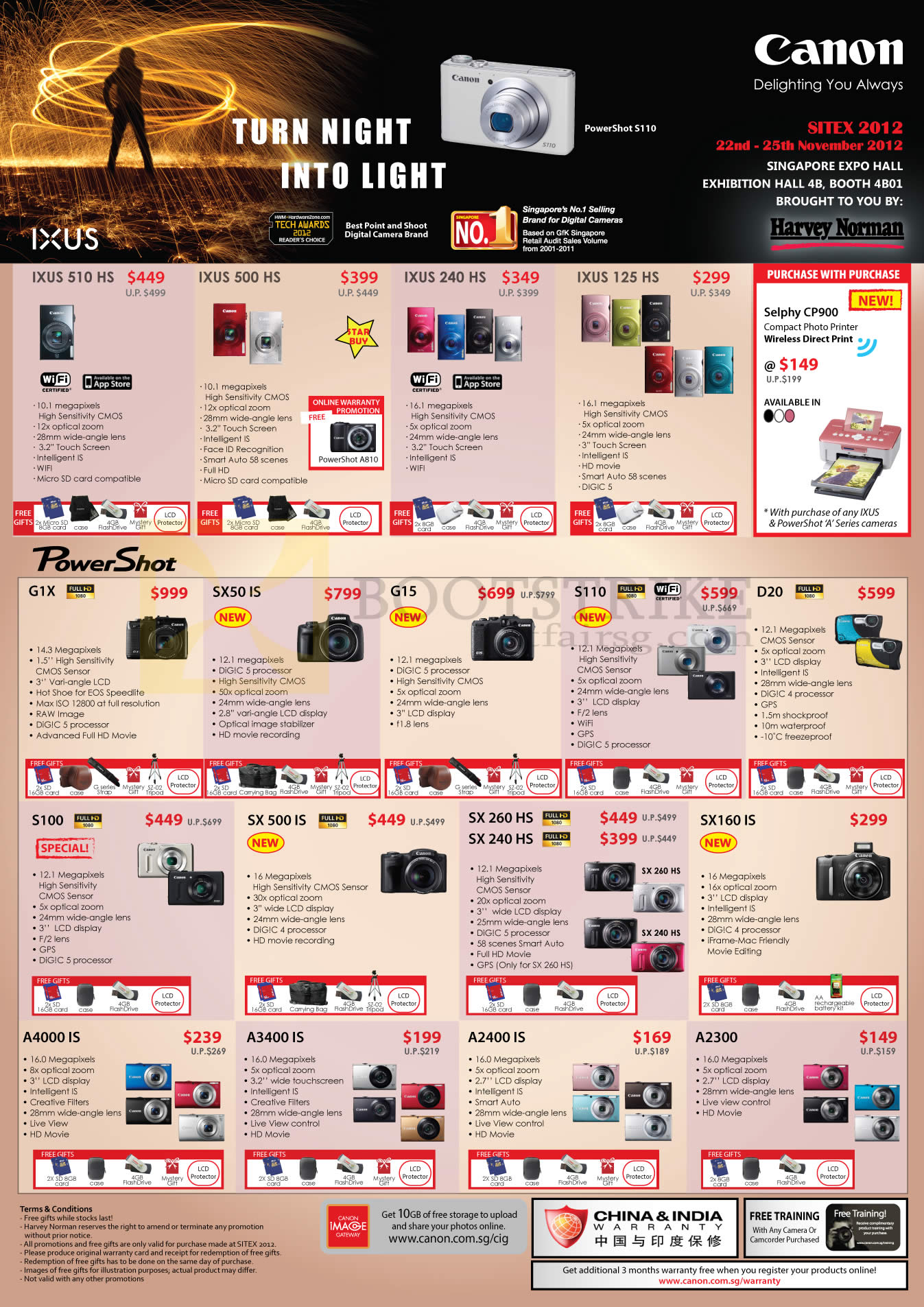 SITEX 2012 price list image brochure of Canon Digital Cameras IXUS 510HS, 500HS, 240HS, 125HS, PowerShot G1X, SX50Is, G15, S110, D20, S100, SX 500 IS, Sx 260HS, SX 160 IS, A4000 IS, A3400 IS, A2300