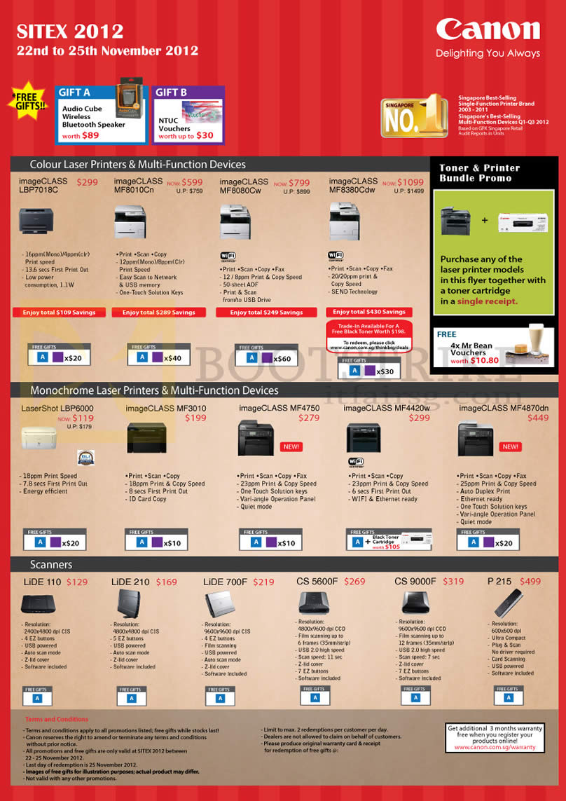 SITEX 2012 price list image brochure of Canon Laser Printers ImageCLASS LBP7018C, MF8010Cn, MF8080Cw, LBP6000, MF3010, MF4750, MF4420w, MF4870dn, Scanners LiDE 110, 210, 700F, CS 5600F, 9000F, P215