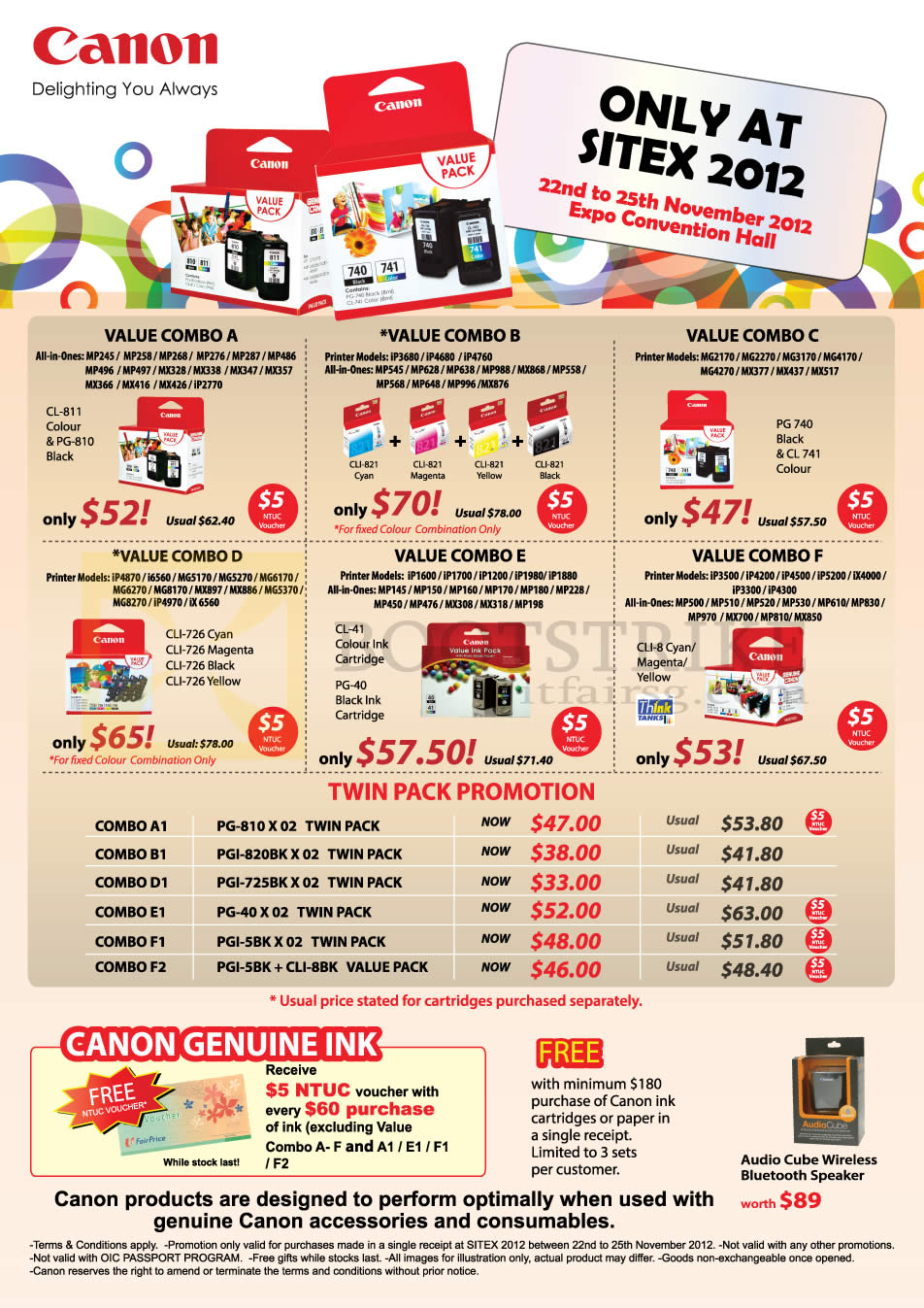 SITEX 2012 price list image brochure of Canon Printers Ink Cartridges Paper Value Combo Pack A, B, C, D, E, F, Twin Pack Promotion