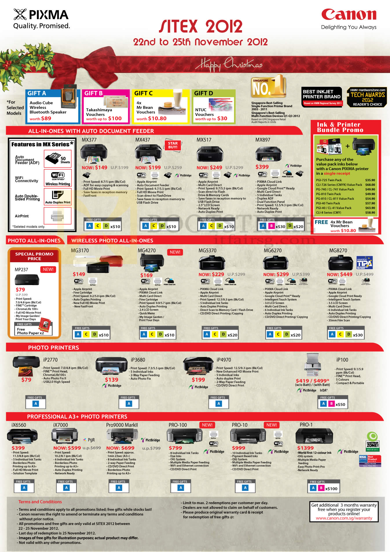 SITEX 2012 price list image brochure of Canon Printers Photo Auto Document Feeder, MX377, MX517, MX897, MG3170, MG4270, MG6270, IP2770, IP4970, IP100, IX6560, IX7000, PRO-100, PRO-10, PRO-1