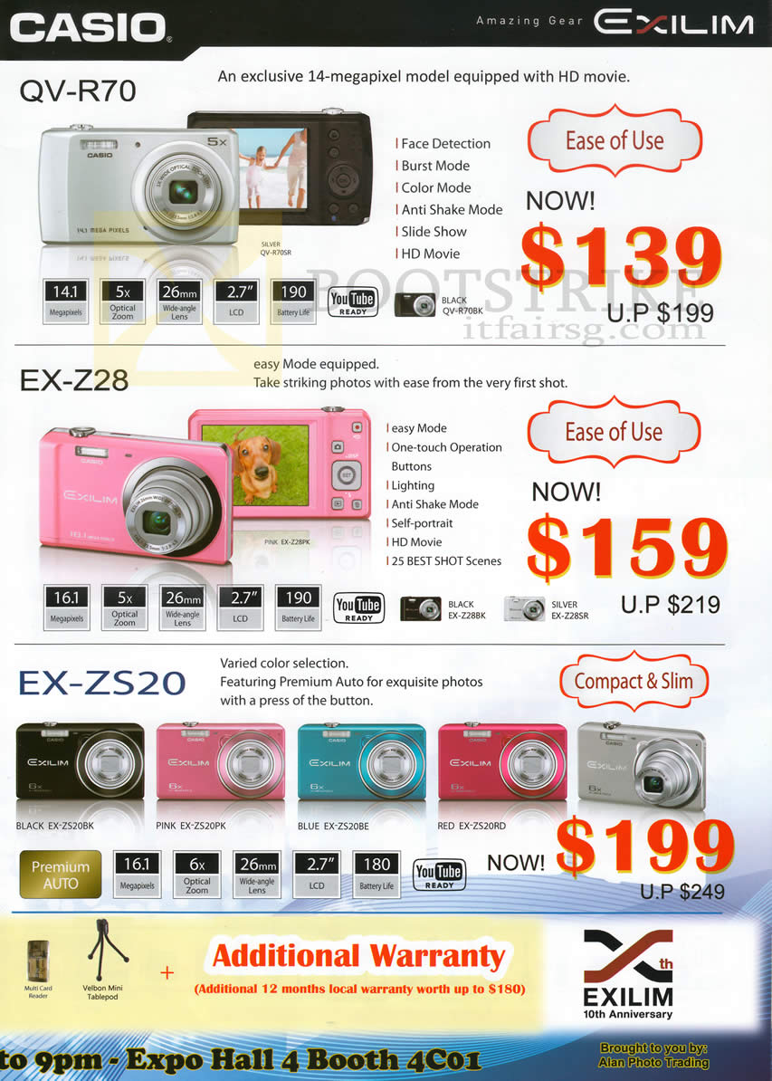 SITEX 2012 price list image brochure of Casio Digital Cameras EX-Z28, EX-ZS20, QV-R70