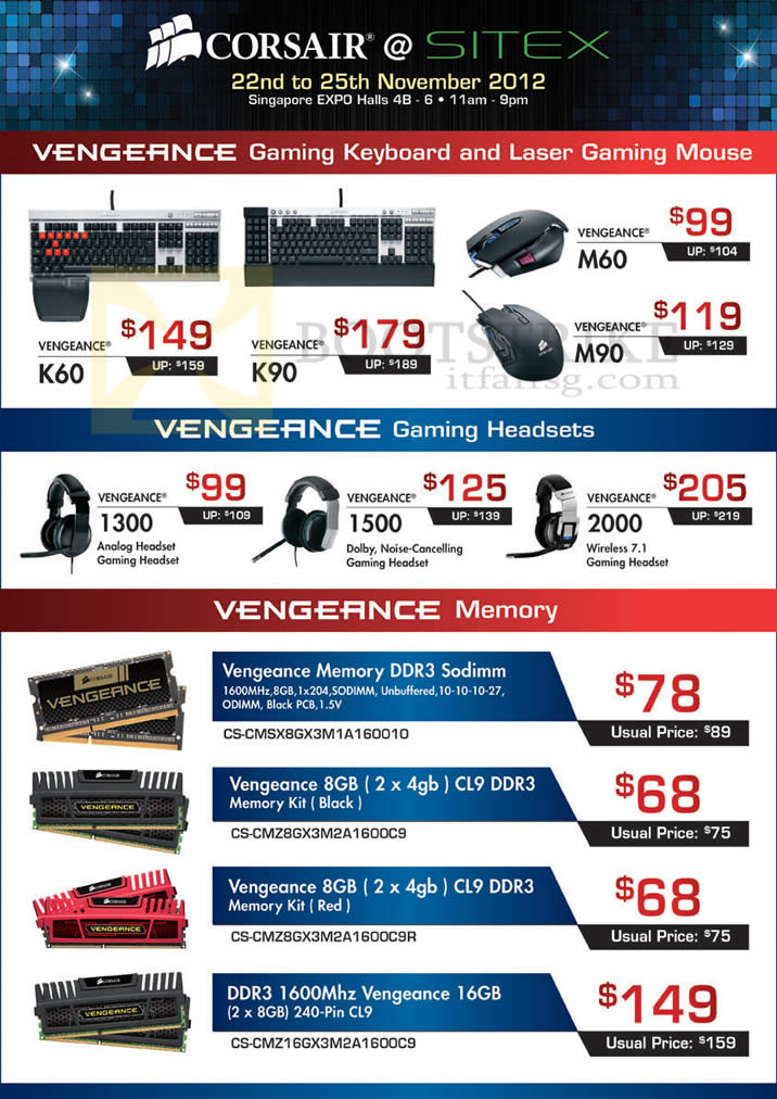 SITEX 2012 price list image brochure of Corsair Keyboards Vengenance K60 K90, Mouse M60 M90, Gaming Headset 1300 1500 2000, DDR3 SODIMM RAM Memory