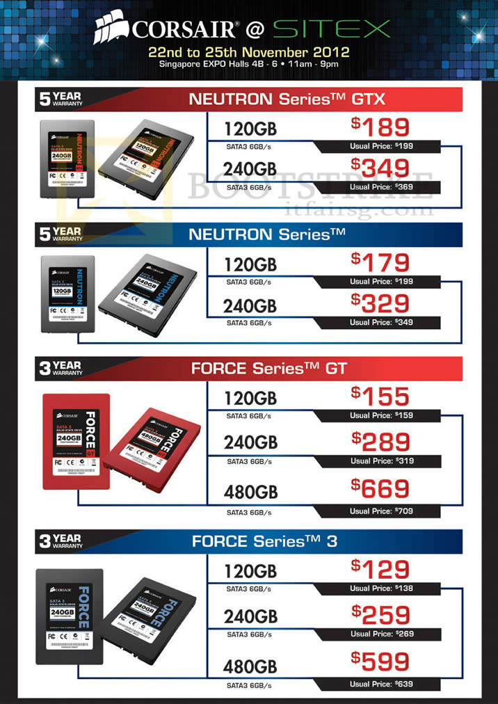 SITEX 2012 price list image brochure of Corsair Storage SSD Neutron Series GTX, Force Series, Neutron Series, Force Series 3