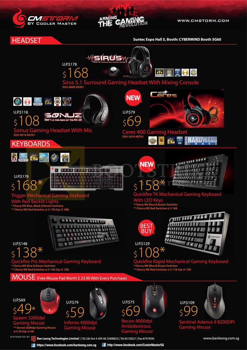 SITEX 2012 price list image brochure of Cybermind Cooler Master CM Storm Headset Sirus, Ceres, Sonuz, Keyboards Quickfire Mechanical TK Pro Rapid, Mouse Recon Spawn Inferno Sentinel Adavnce II