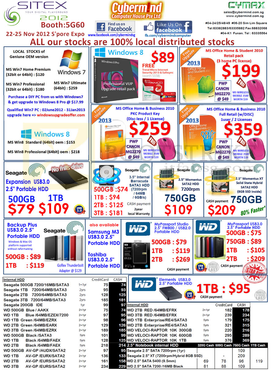 SITEX 2012 price list image brochure of Cybermind Microsoft Windows 7, Windows 8, Office 2010 Home Business Student, External Storage Seagate, Hard Disk, Samsung, Western Digital WD Passport