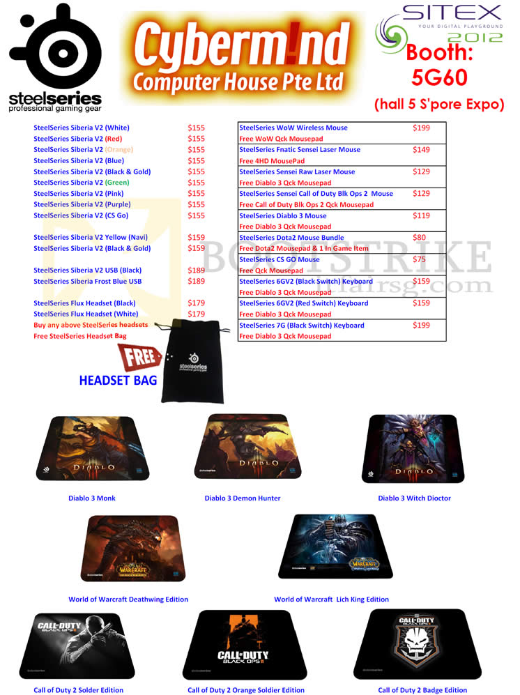 SITEX 2012 price list image brochure of Cybermind Steelseries Gaming Mouse Siberia, Flux Headset, WoW Wireless, Fnatic Sensei Laser, Raw, Diablo 3, Dota2, CS Go, 6GV2, 7G