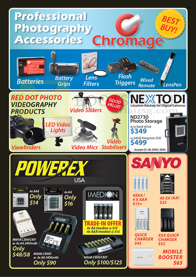 SITEX 2012 price list image brochure of Eastgear Red Dot Photo Chromage Accessories, Videography, Nexto Di ND2730 Photo Storage, Powerex Imedion Battery, Sanyo Eneloop, Mobile Booster