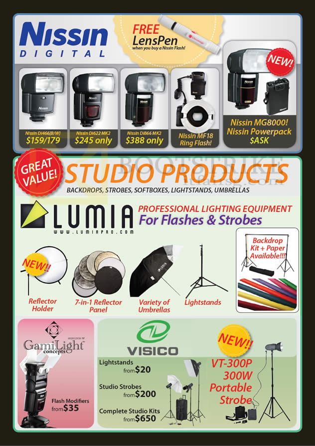 SITEX 2012 price list image brochure of Eastgear Red Dot Photo Nissin Digital Di466, Di622 MK2, Di866 MK2, Lumia Lighting, GamiLight, Visico