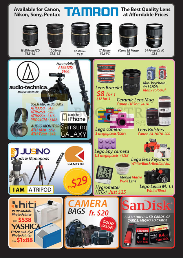 SITEX 2012 price list image brochure of Eastgear Red Dot Photo Tamron Lens, Audio Technica ATR DSLR ATH Mic Booms, Audio Monitor, Jusino Tripods Monopods, Hiti, Camera Bags, Accessories