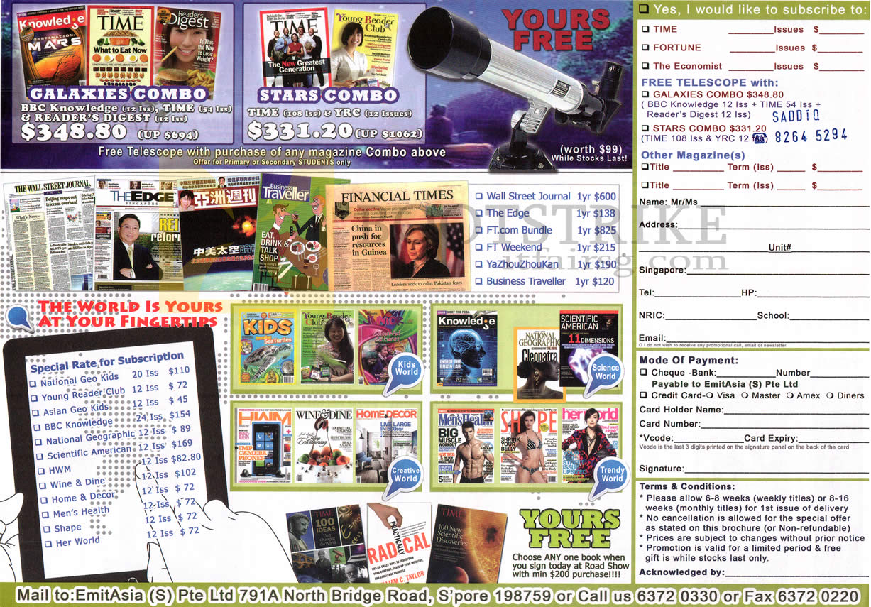 SITEX 2012 price list image brochure of EmitAsia Magazine Subscriptions Nat Geo Kids, Asian Geo, HWM, Mens Health, Shape, Her World, Stars Combo, Galaxies Combo, Wall Street Journal, Financial Times