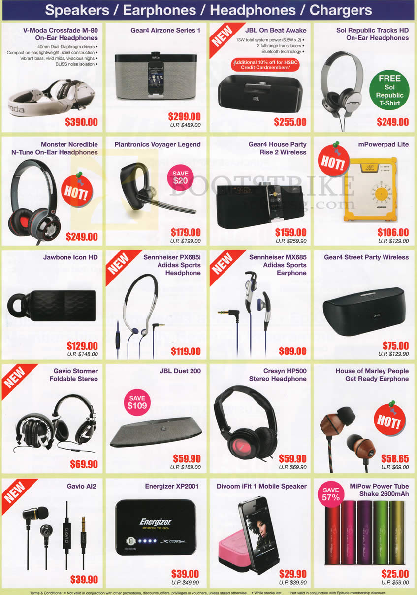 SITEX 2012 price list image brochure of EpiCentre Accessories Speakers, Earphones, Headphones, Chargers, Sol, Monster, Gear4, Sennheiser PX685i, MX685 Headphones, Earphones, Energizer XP20001 External Charger, MiPow