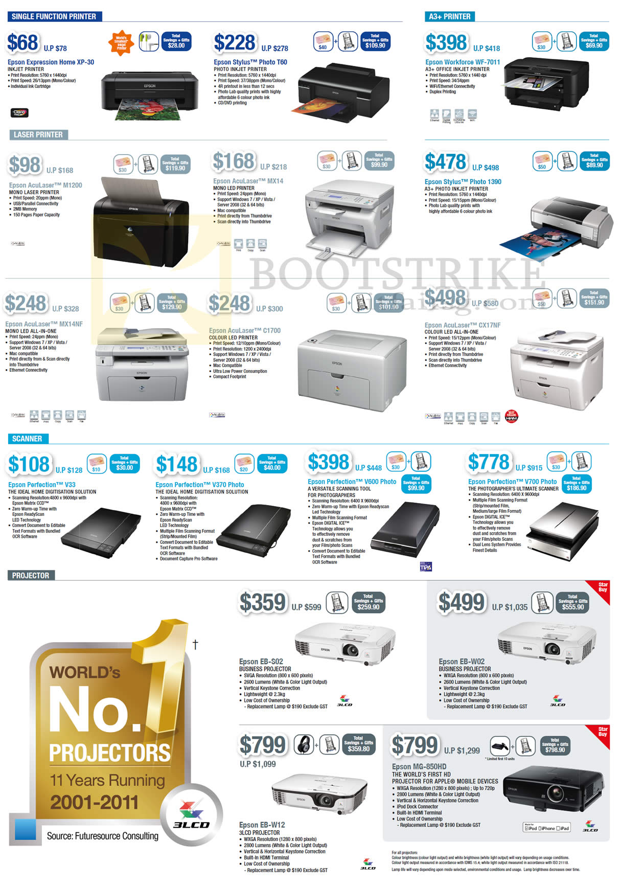 SITEX 2012 price list image brochure of Epson Printers Inkjet XP-30, Photo T60 1390, AcuLaser M1200 MX14 C1700 CX17NF MX14NF, Scanner Perfection V33 370 V600 V700, Projector EB-S02 W02 W12 MG-850HD