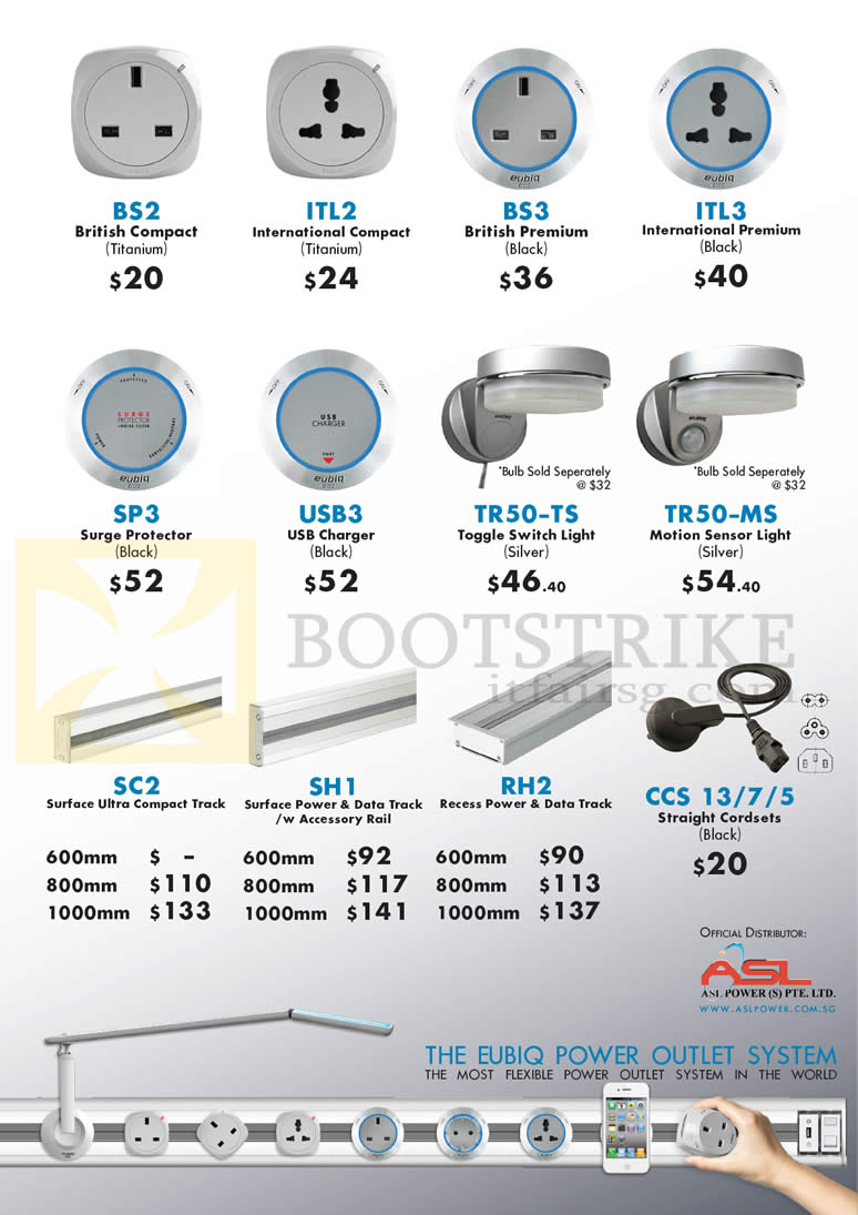 SITEX 2012 price list image brochure of Eubiq Adaptors Tracks BS2, ITL2, SP3, USB3, TR50, SP3 Surge Protector, SC2 Track, SH1, RH2, CCS
