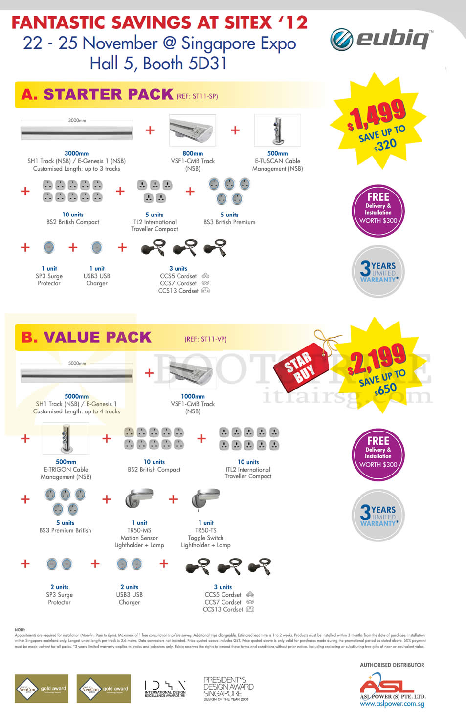 SITEX 2012 price list image brochure of Eubiq GSS Flexible Power Outlet System Starter Pack, Value Pack
