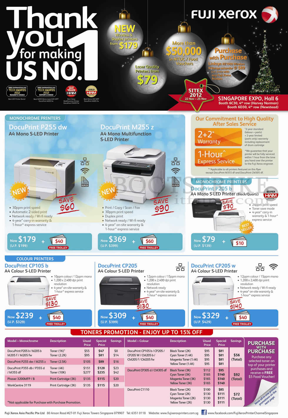 SITEX 2012 price list image brochure of Fuji Xerox Printers S-LED DocuPrint P255 Dw, M255 Z, P205 B, CP105 B, CP205, CP205 W, Toners