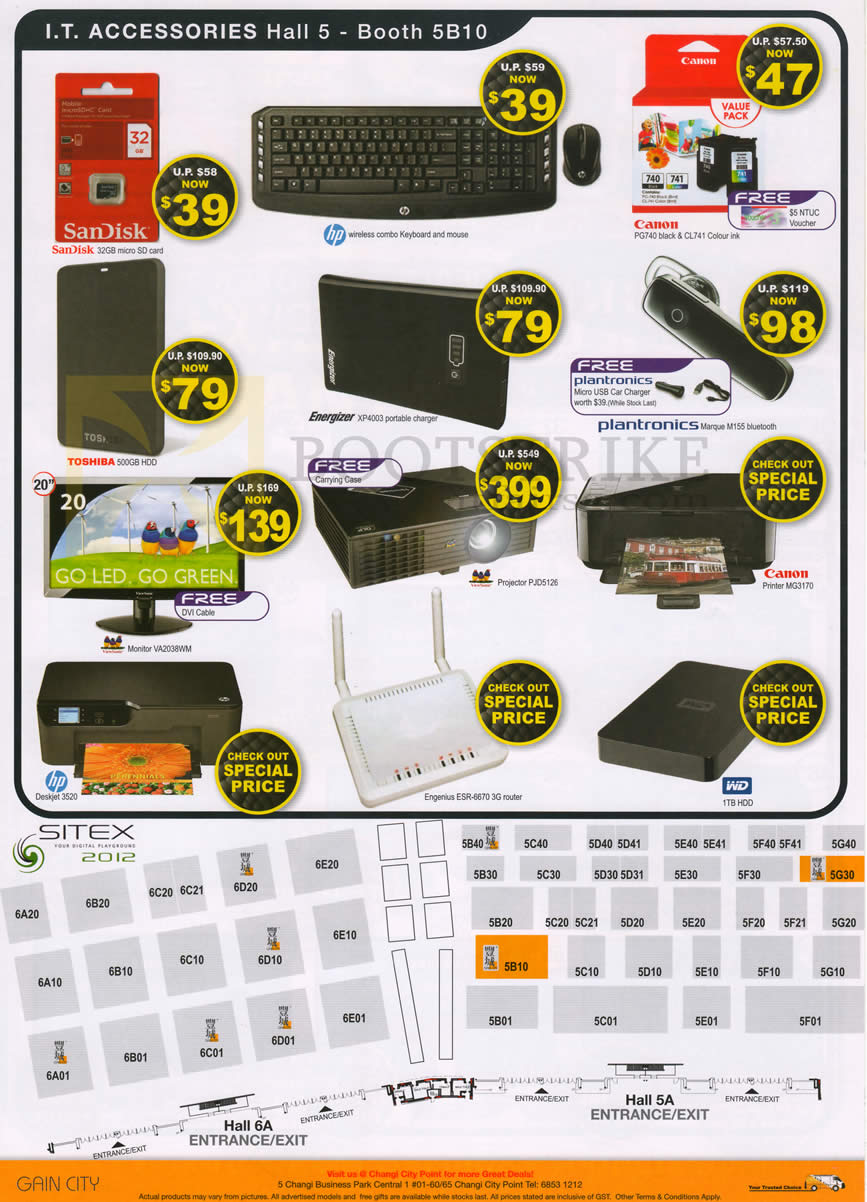 SITEX 2012 price list image brochure of Gain City Accessories Sandisk MicroSD, Keyboard, Ink, Energizer XP4003 Charger, External Storage, Viewsonic Projector PJD5126