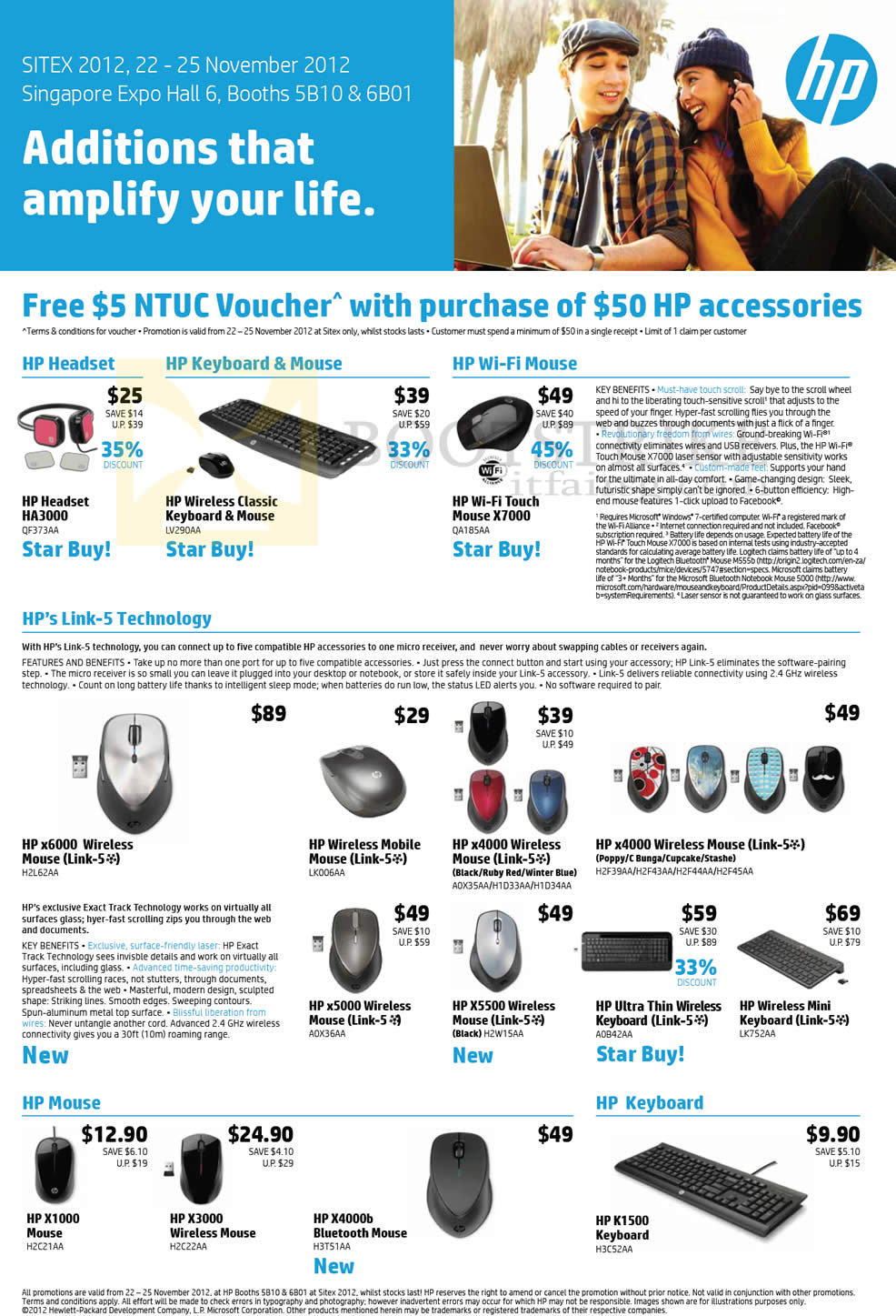 SITEX 2012 price list image brochure of HP Accessories Headset, Keyboard K1500, Wireless Wifi Mouse X7000, X6000, X3000, X4000