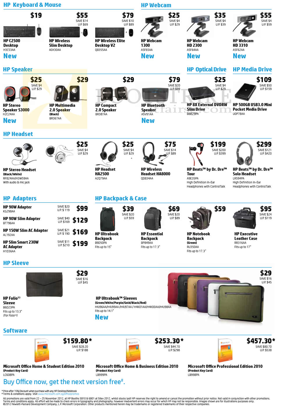 SITEX 2012 price list image brochure of HP Accessories Keyboard C2500 Wireless Slim Elite V2, Webcam 1300 HD2300 HD3310, Speakers, Headset, Power Adapters, Backpacks Bags, Sleeve, Microsoft Office 2010
