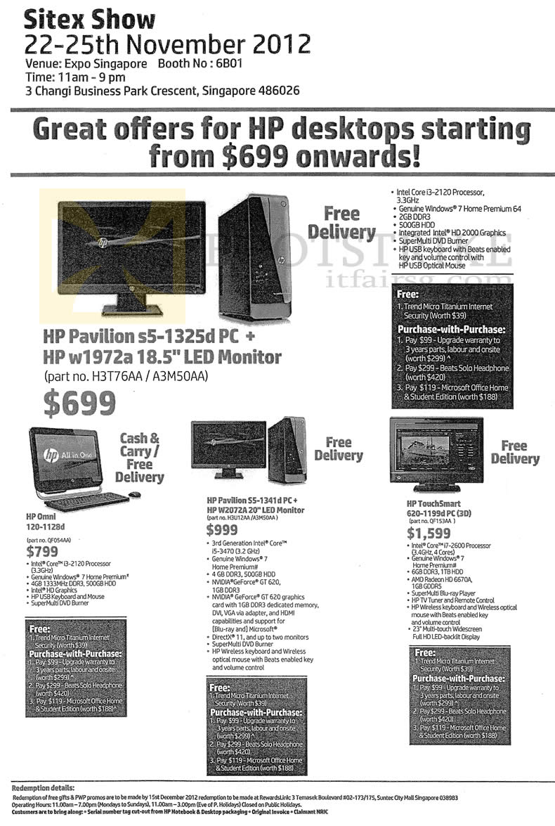 SITEX 2012 price list image brochure of HP Desktop PC Pavilion S5-1325d, Notebooks Omni 120-1128d, S5-1341d, TouchSmart 620-1199d