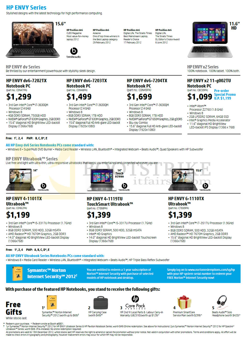 SITEX 2012 price list image brochure of HP Notebooks Envy Dv6-7202TX, Dv6-7203TX, Dv6-7204TX, X2-g002TU, Ultrabooks Envy 4-1101TX, 4-1119TU, 6-1110TX