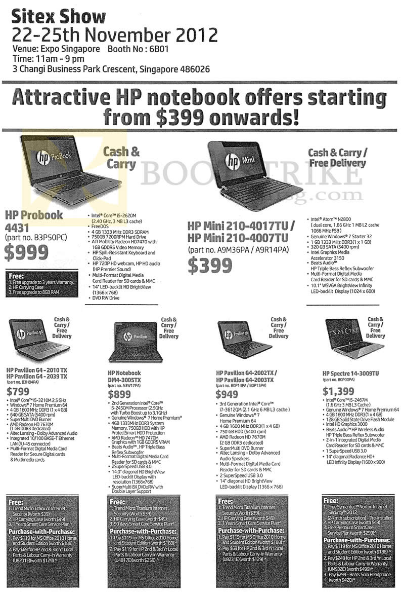 SITEX 2012 price list image brochure of HP Notebooks Probook 4431, Mini 210 4017TU 4007TU, Pavilion G4 2010TX 2039TX 2002TX 2003TX, DM4-3005TX, Spectre 14-3009TU