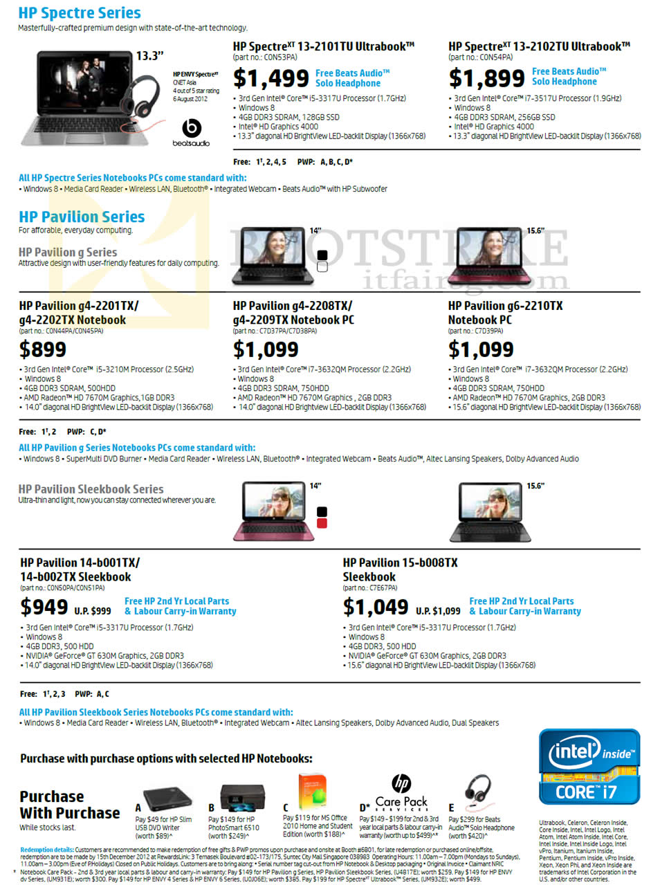 SITEX 2012 price list image brochure of HP Ultrabooks Notebooks Spectre 13-2101TU, 13-2102TU, Pavilion G4-2201TX, G4-2202TX, G4-2208TX, G4-2209TX, G6-2210TX, Sleekbook 14-b001TX, 14-b002TX, 15-b008TX