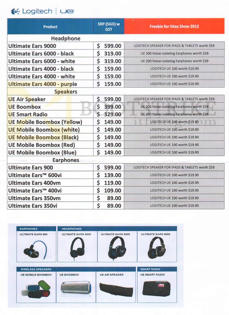 SITEX 2012 price list image brochure of Harvey Norman Logitech Ultimate Ears Headphones 9000, 6000, 4000, Air Speaker Boombox Smart Radio Mobile, Earphones Ears 900, 600vi, 400vm, 400vi, 350vm, 350vi