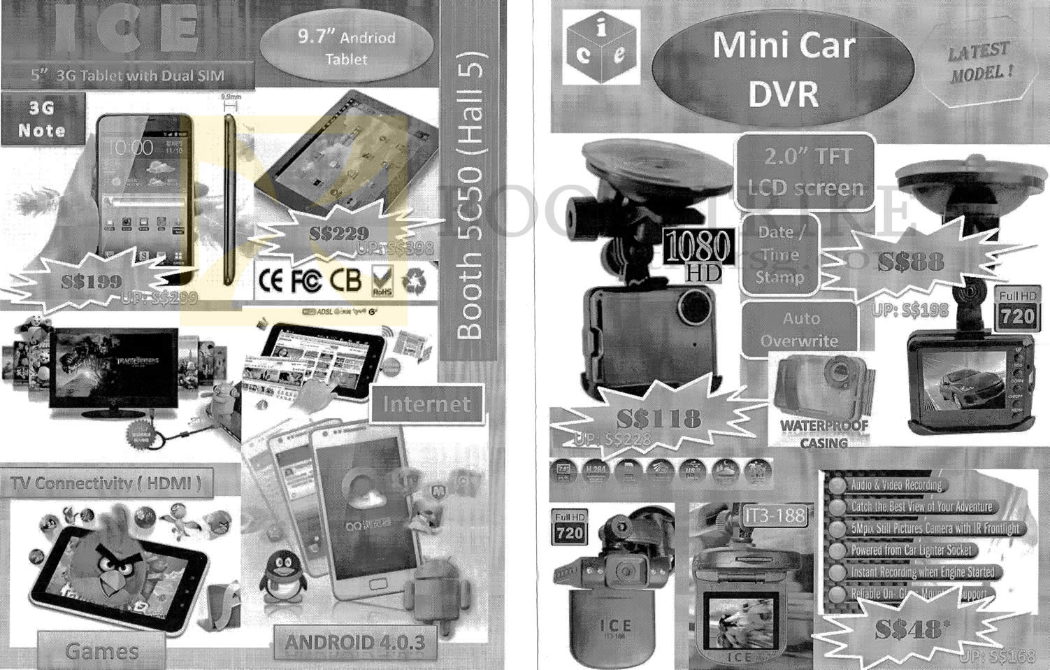 SITEX 2012 price list image brochure of IT3 Ice 3G Note Android Tablet, Mini Car DVR Blackbox Video Recorder IT3-188