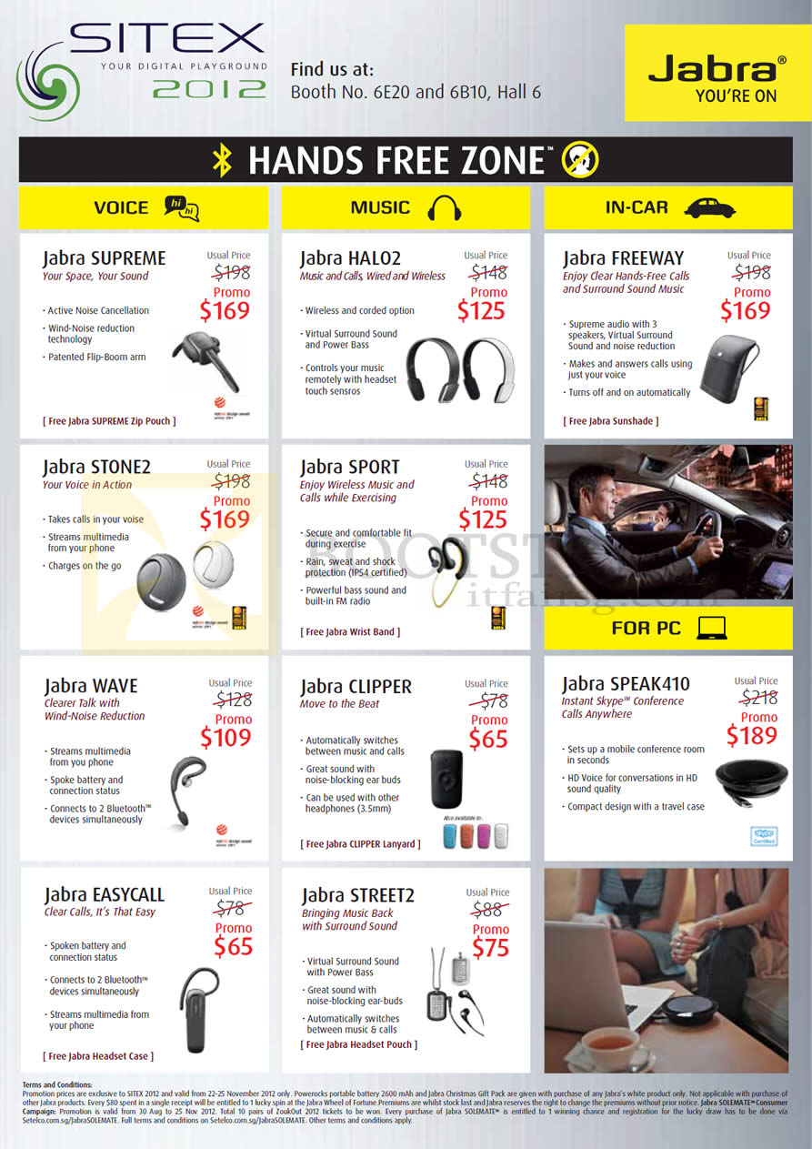 SITEX 2012 price list image brochure of Jabra Bluetooth Headsets Supreme, Stone2, Wave, Easycall, Hal02, Sport, Clipper, Street2, Freeway, Speak410