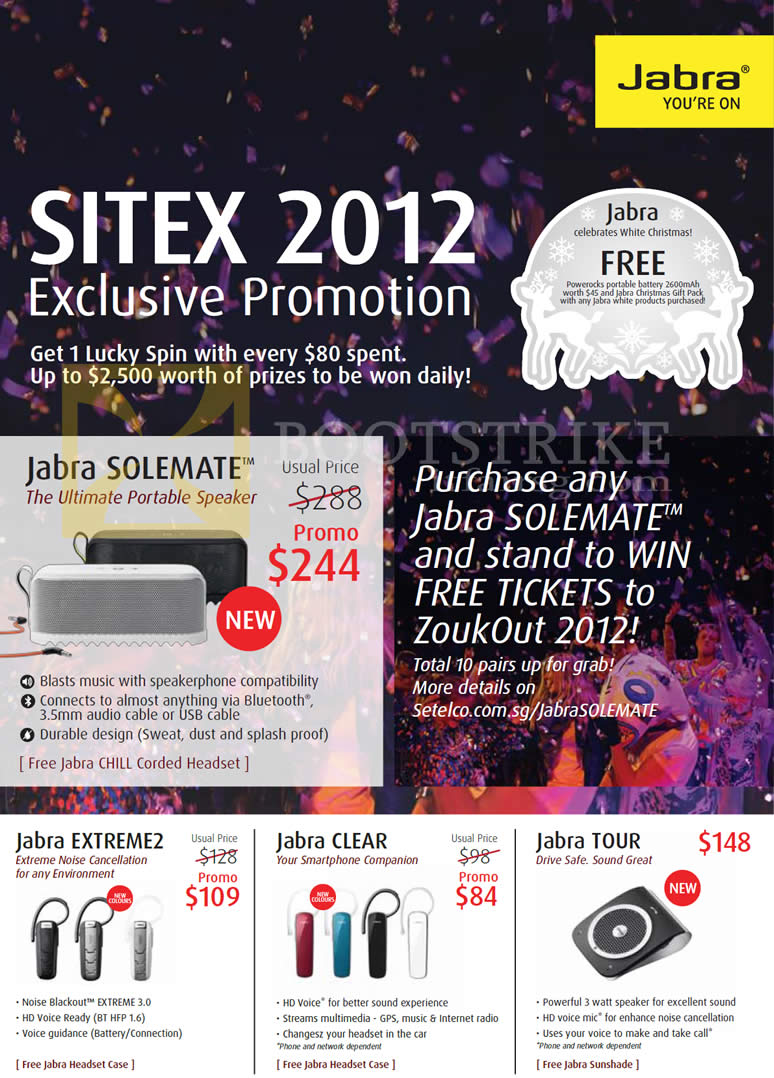 SITEX 2012 price list image brochure of Jabra Solemate Speaker, Bluetooth Headsets Extreme2, Clear, Tour