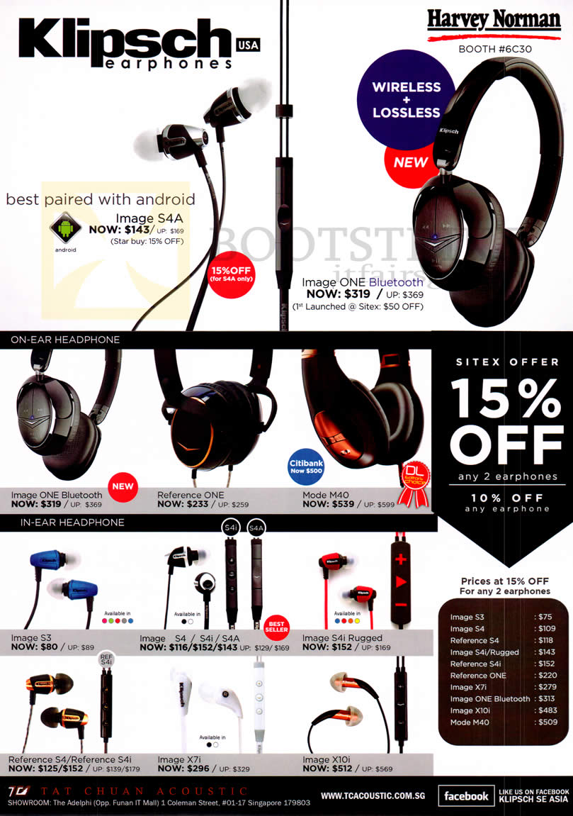 SITEX 2012 price list image brochure of Klipsch Earphones Image S4A, Headphones Wireless Image One Bluetooth, Reference, Mode M40, Image S3 S4 S4i S4A Rugged, X7i, X10i
