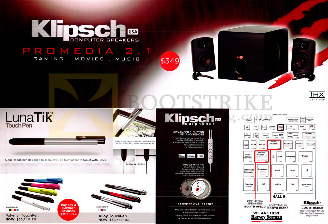 SITEX 2012 price list image brochure of Klipsch Speakers Promedia 2.1, LunaTik TouchPen Polymer, Alloy