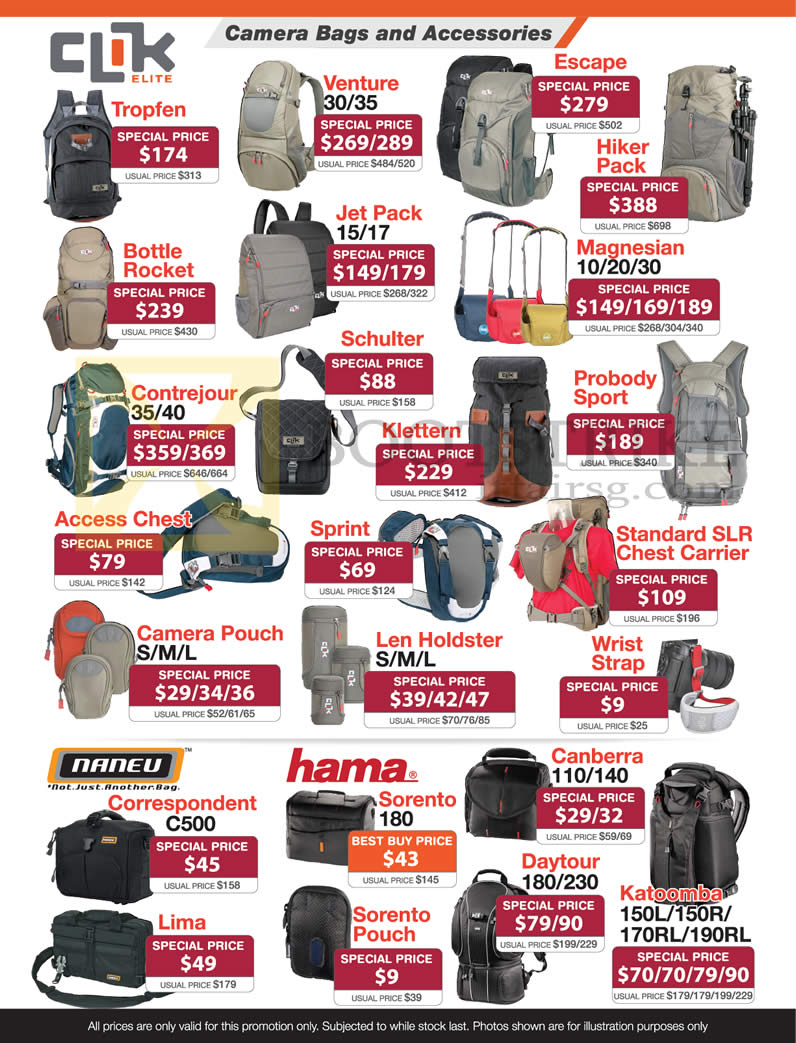 SITEX 2012 price list image brochure of Lau Intl Clik Camera Bags Accessories Tropfen, Venture, Escape, Jet Pack, Contrejour, Sprint, Hama Sorento, Naneu Correspondent