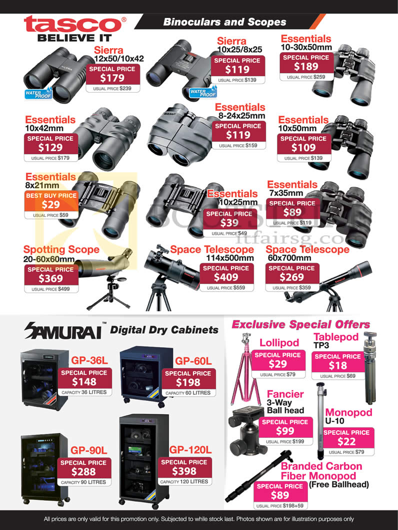 SITEX 2012 price list image brochure of Lau Intl Tasco Binoculars Scopes, Sierra, Essentials, Space Telescope, Spotting, Samurai Dry Cabinets, Lollipod, Tablepod, Monopod, Fancier