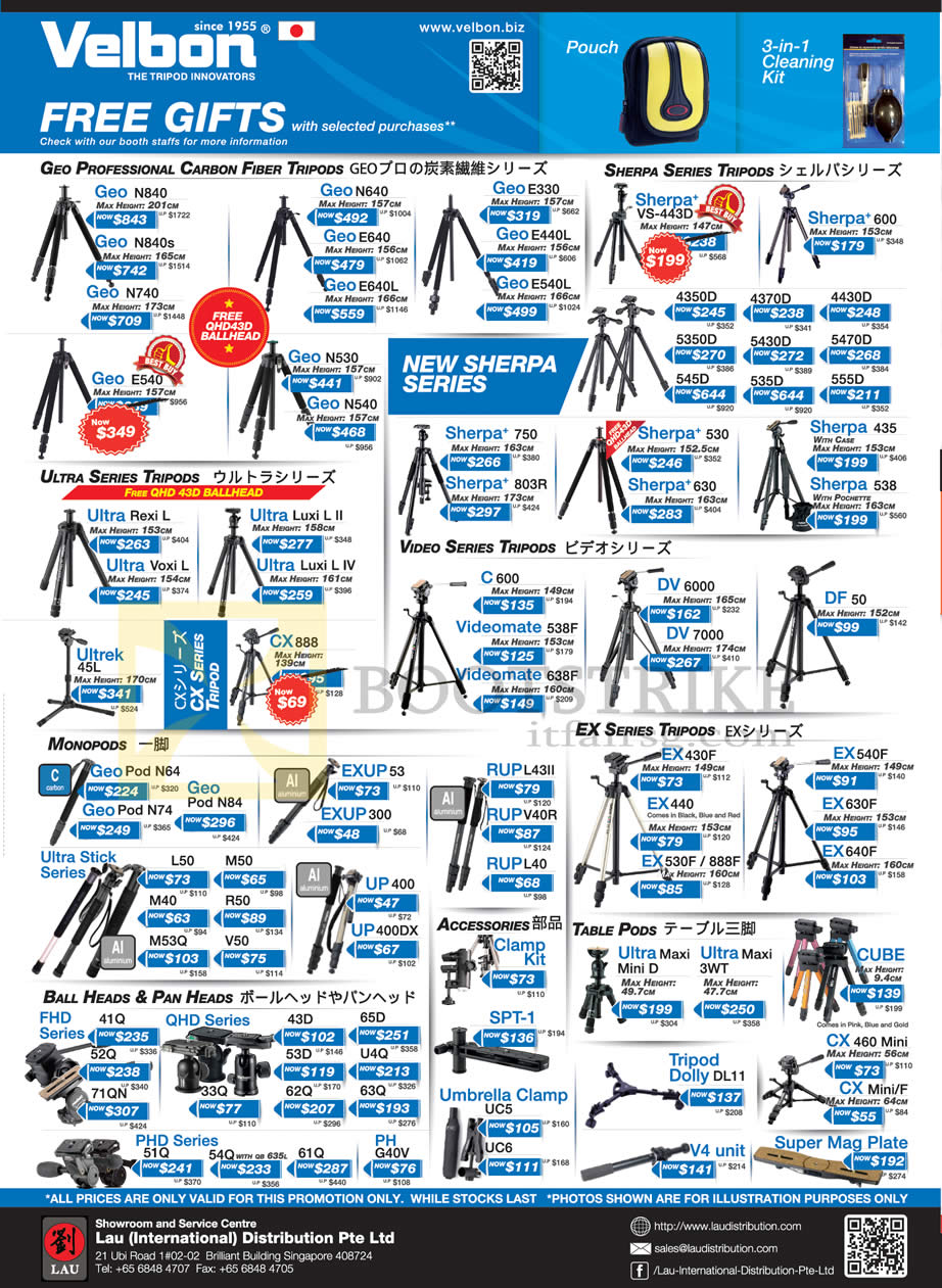 SITEX 2012 price list image brochure of Lau Intl Velbon Tripods Geo, Sherpa, Ultra, Video, Monopods, Table Pods, Ultra Maxi, Dolly, FHD, QHD
