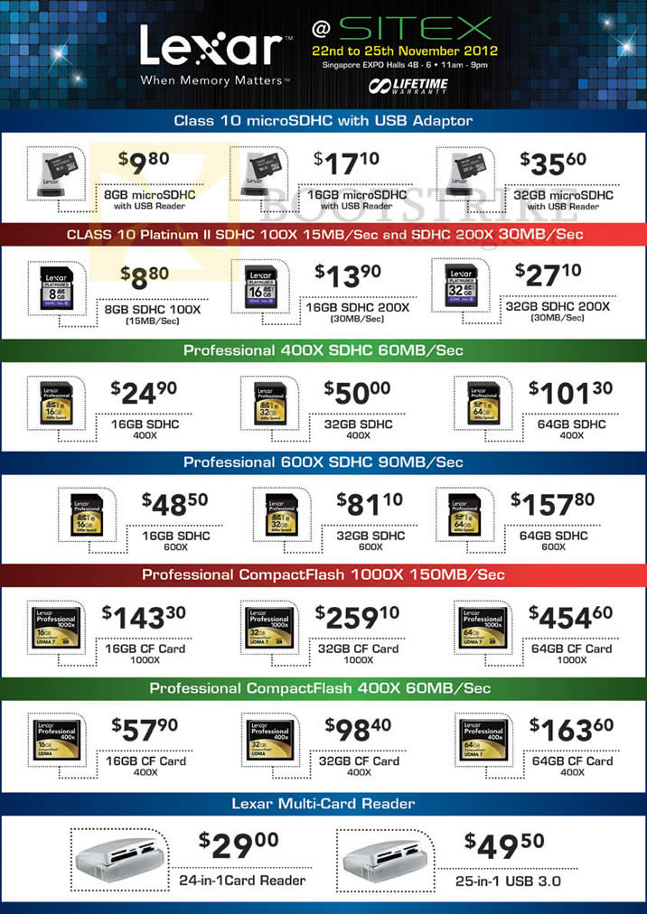 SITEX 2012 price list image brochure of Lexar Flash Memory Storage MicroSDHC, SDHC, Card Reader, CF Compact Flash