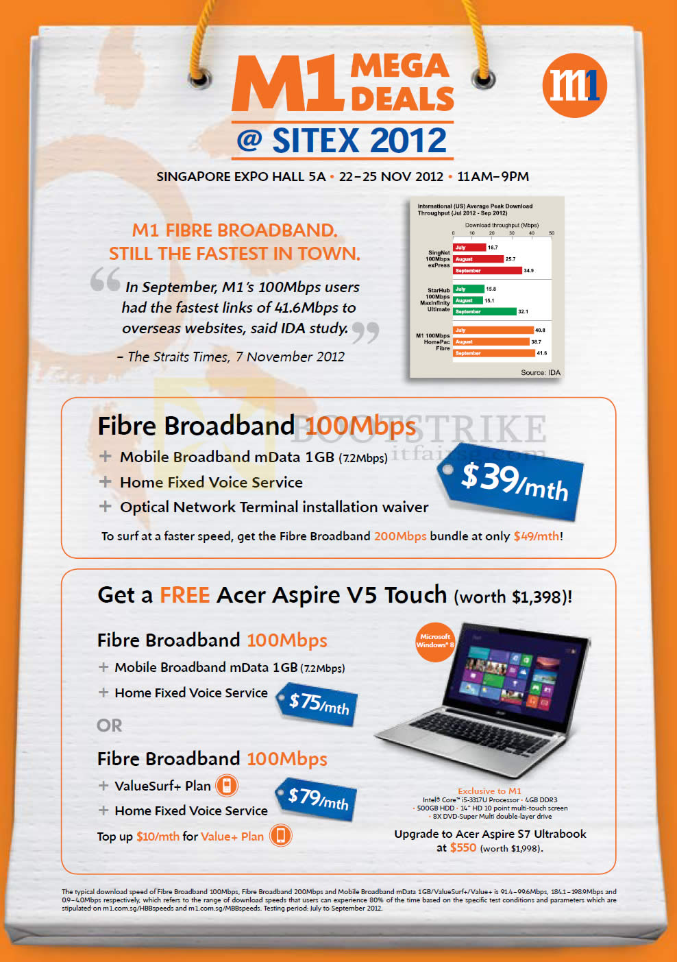 SITEX 2012 price list image brochure of M1 Broadband Fibre 100Mbps, Free Acer Aspire V5 Touch, S7, Fixed Line, Mobile Broadband
