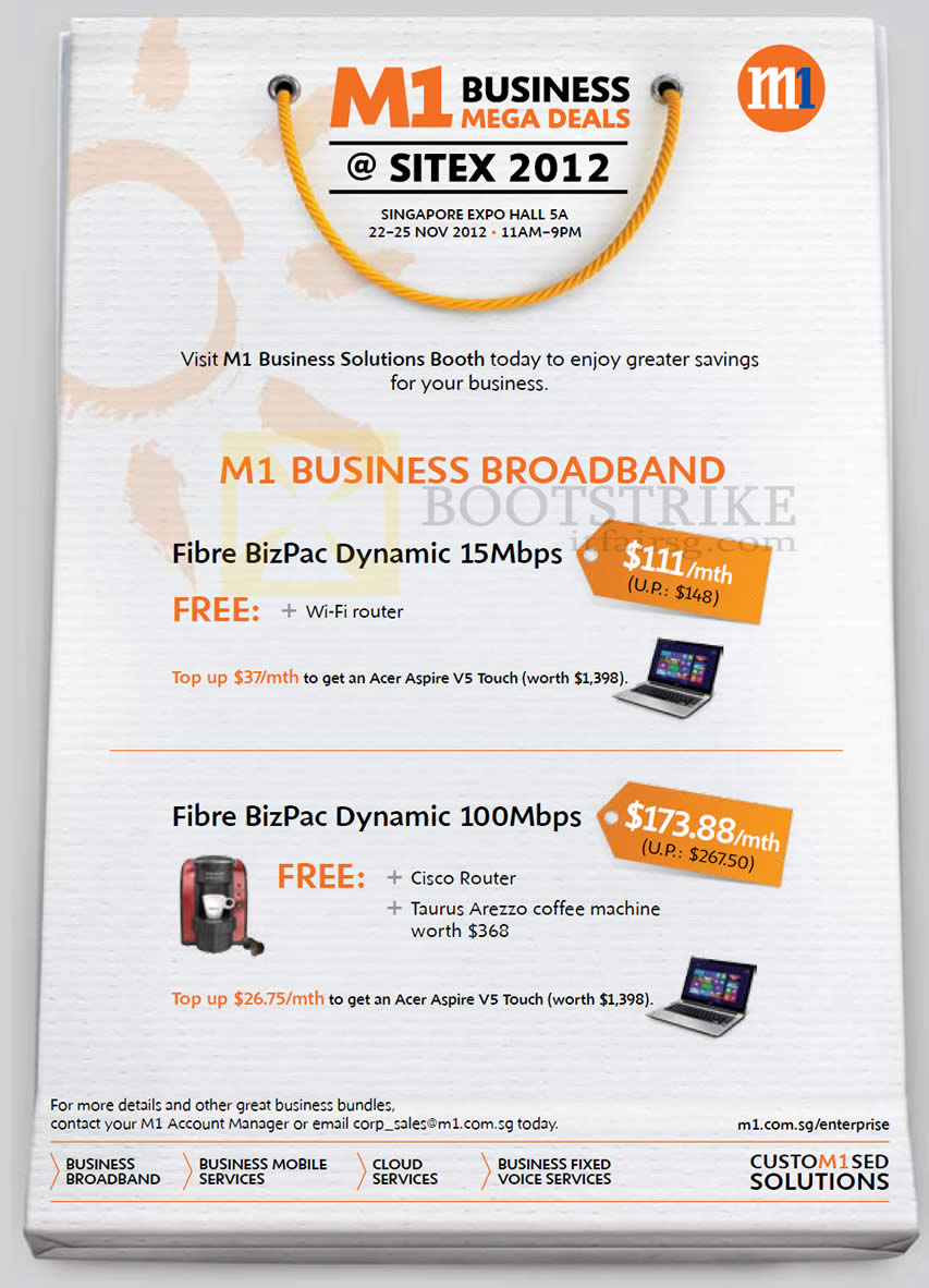 SITEX 2012 price list image brochure of M1 Business Broadband Fibre BizPac Dynamic 15Mbps, 100Mbps