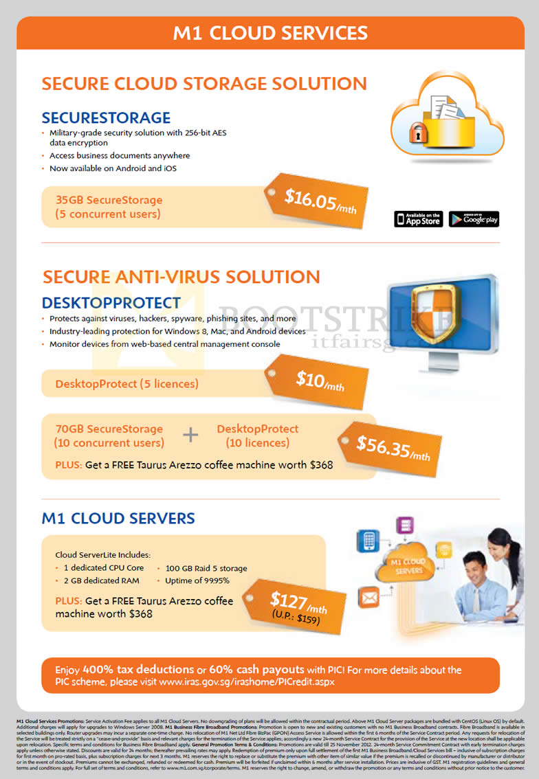 SITEX 2012 price list image brochure of M1 Business Cloud Services Securestorage, Desktopprotect, Servers