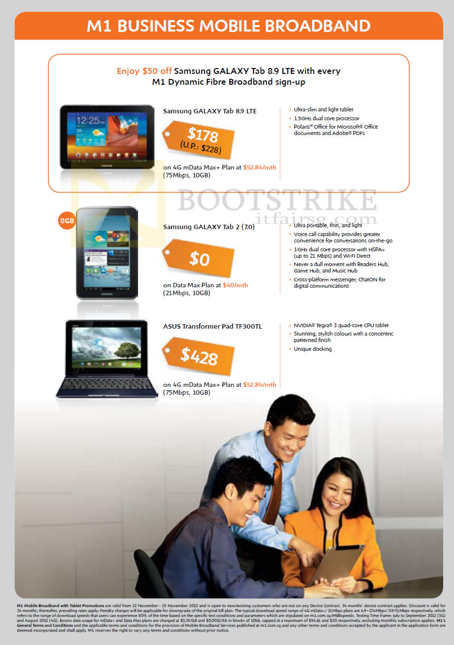 SITEX 2012 price list image brochure of M1 Business Mobile Broadband Samsung Galaxy Tab 8.9 LTE, Tab 2 7.0, ASUS Transformer Pad TF300TL