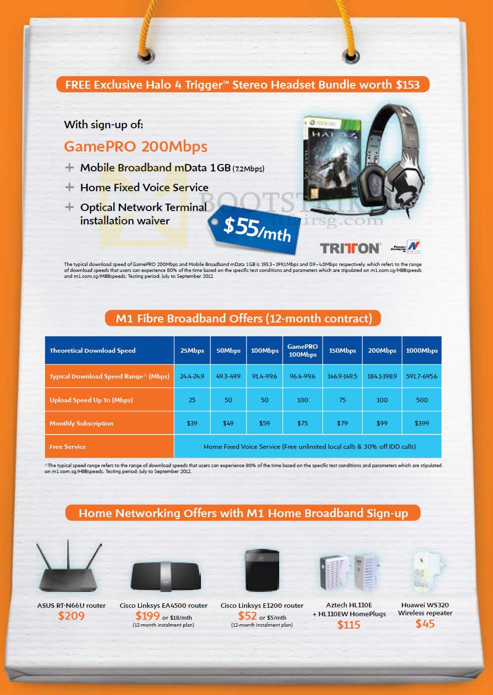 SITEX 2012 price list image brochure of M1 Fibre Broadband GamePro 200Mbps, Fixed Line, Mobile Broadband, Routers, HomePlugs, Repeater