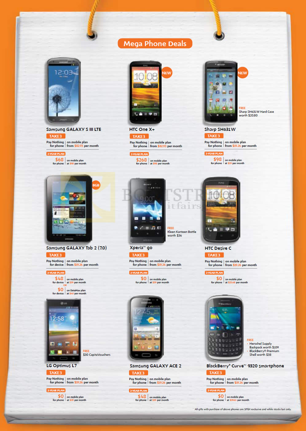 SITEX 2012 price list image brochure of M1 Mobile Phones Samsung Galaxy S III LTE, Tab 2 7.0, Ace 2, HTC One X Plus, Desire C, Sharp SH631W, Sony Xperia Go, LG Optimus L7, Blackberry Curve 9320