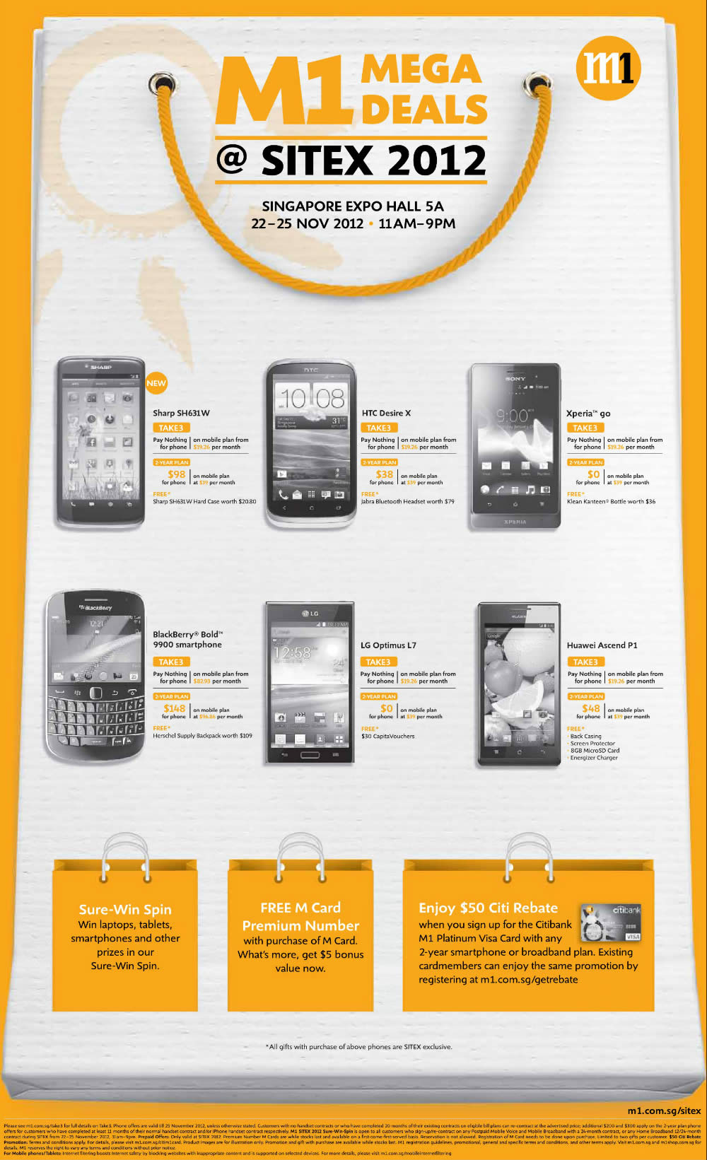 SITEX 2012 price list image brochure of M1 Mobile Phones Sharp SH631W, HTC Desire X, Sony Xperia Go, Blackberry Bold 9900, LG Optimus L7, Huawei Ascend P1