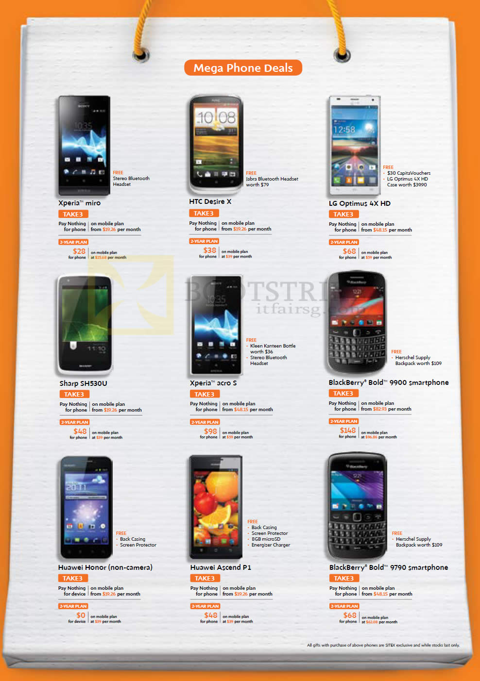 SITEX 2012 price list image brochure of M1 Mobile Phones Sony Xperia Miro, Acro S, HTC Desire X, LG Optimus 4X HD, Sharp SH530U, Blackberry Bold 9900 9790, Huawei Honor Ascend P1