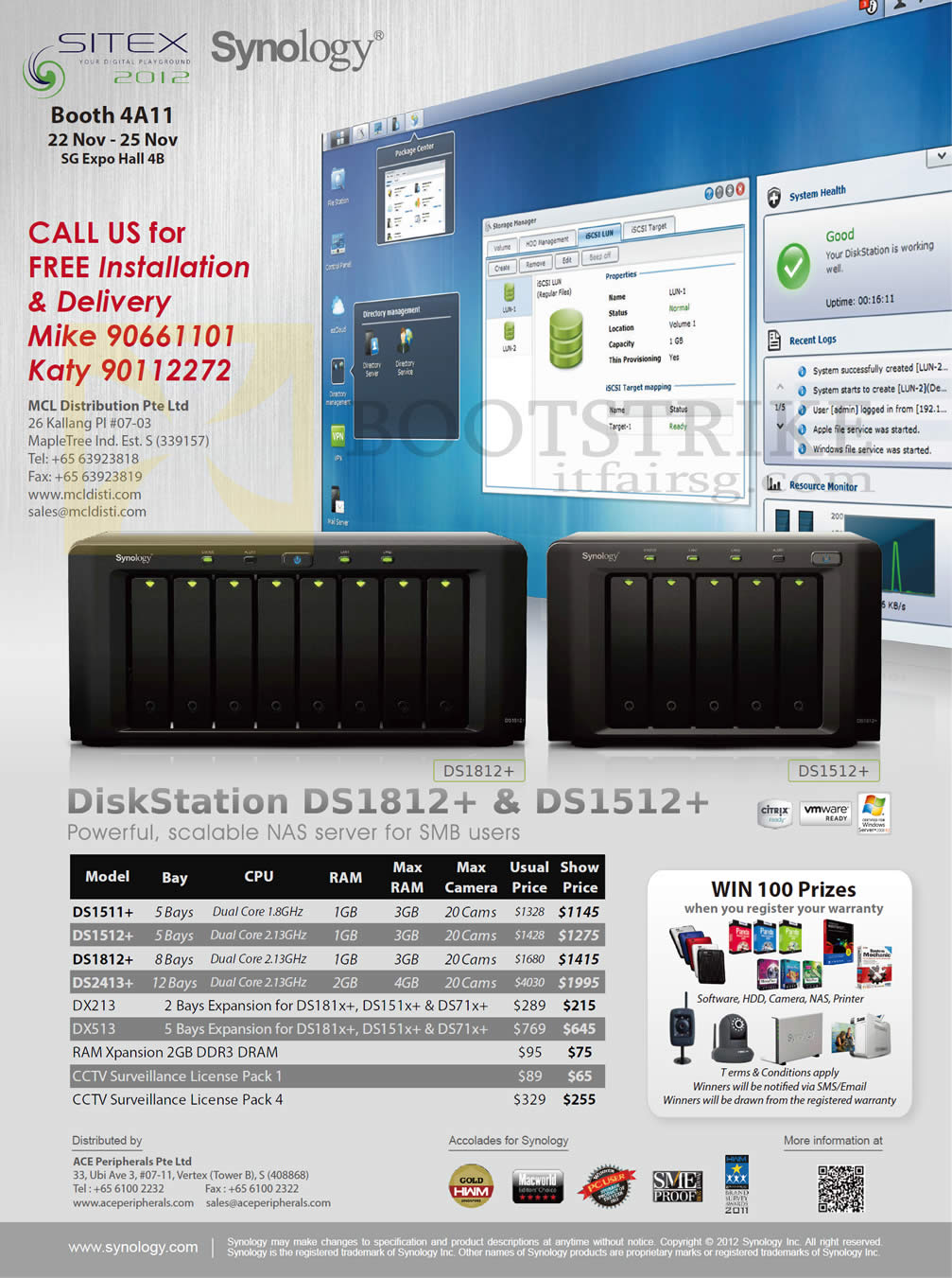 SITEX 2012 price list image brochure of MCL Distribution Ace NAS Synology DiskStation DS1512 Plus, DS1812, DX213, DX513